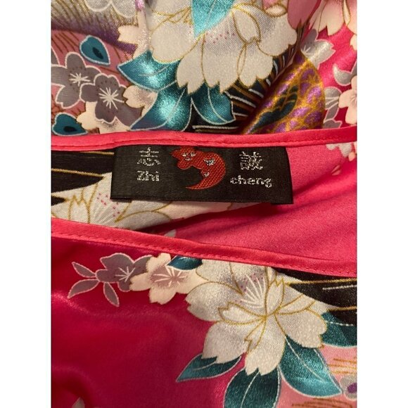 Zhi Cheng Patio Dress Caftan Peacock  Pink Floral Kimono Satin Pullover Size OS - Picture 5 of 5